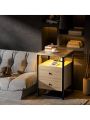 GINRGINR LED Nightstand Charging Station, Wood Nightstand with 2 Deep Drawers & Shelves, Bed Side End Table for Bedroom & Living Room, Rustic Brown, Rustic Grey, 15.7