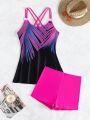 SHEIN Swim Classy Women's Cropped Cross Back Tank Top & High Waisted Bikini Set With Circular Rings Decoration
