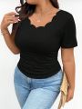 SHEIN Frenchy Plus Size Women's Summer V-Neck Arc Hem Solid Short Sleeve T-Shirt