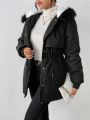 SHEIN Frenchy Women's Black Zipper & Button Closure Mid-length Padded Coat