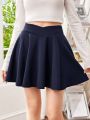 SHEIN Teen Girls' Knitted Solid Color V-Shaped High Waist Casual Midi Skirt