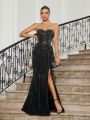 SHEIN Belle Women's Embroidered High-Side Split Mermaid Strapless Evening Dress With Rhinestones