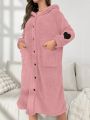Heart Pattern Drop Shoulder Hooded Flannel Sleep Robe