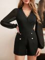 SHEIN Frenchy Chiffon Sleeve Lace Collar Romper, With Gold Bottons, All Black