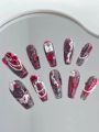 Grunge Punk 10pcs/set Long Nail Red Mountain False Nails, Free Jelly Glue Included
