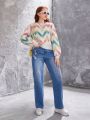 Teen Girls' Color Block Herringbone Pattern Sweater