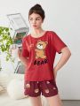 SHEIN Teen Girls' Knitted Adorable Bear Pattern Short Sleeve T-Shirt And Shorts Homewear