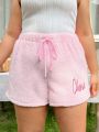 SHEIN Qutie Plus Size Women'S Fleece Letter Embroidered Shorts