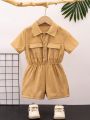 SHEIN Kids EVRYDAY 1pc Toddler Boys' Casual Short Sleeve Half Placket Jumpsuit With Pockets For Everyday Wear, Spring And Summer
