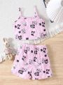 Teen Girls' Light Pink Cat Pattern Printed Shorts & Strappy Cami Set For Home Wear