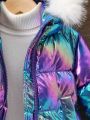 SHEIN Baby Girl Holographic Fuzzy Trim Hooded Puffer Coat Without Sweater