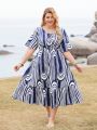 Plus Size Color Block Striped Dress With Tie Halter Neck