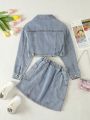 Girls' Softened Water Washed Simple Denim Skirt Suit With Workwear Style