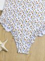Teen Girl Floral Print One-Piece Swimsuit With Wide Shoulder Straps