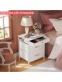 GINRGINR White Nightstand with Different Size Drawer, Bedside Table with 3 Fabric Drawers of Faux Leather, Modern Night Stand End Table for Bedroom, White, 13.8