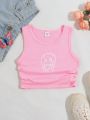 SHEIN Kids EVRYDAY Tween Girls' Cartoon Printed Ruffle & Side Ruched Tank Top