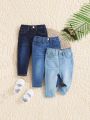 SHEIN Baby Girl's Stretchy Slim Fit Three-Piece Set, Including Trendy, Water-Washed, Comfortable & Soft Jeans