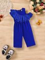 SHEIN Baby Girls' Blue Hollow Out Jumpsuit With Ruffle Trim For Summer Vacation