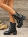 Women's Pu Leather Face Strap Thick Heel High-heel Boots With Fleece