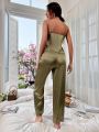Eyelash Lace Trim Satin Cami Top & Knot Pants PJ Set