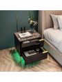 Imitation Marble High Gloss 2 Drawer Bedside Table with USB and Light Band.High Gloss Smart Bedside Table with Adjustable LED Lights, End Table Organizer for Bedroom Living Room Office Use.