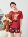 SHEIN Teen Girls' Knitted Adorable Bear Pattern Short Sleeve T-Shirt And Shorts Homewear