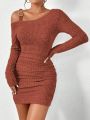 SHEIN Privé Asymmetrical Collar Ribbed Knit Slim Fit Dress
