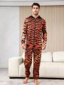 Men's Tiger Striped Zipper Hooded Homewear Jumpsuit