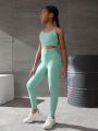 Teen Girls' Sporty Green Vest And Leggings Set, Ideal For Outdoor Activities, Workout, Yoga And Aerobics, Peach Buttocks Shaping Effect