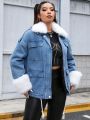SHEIN ICON Plus Size Fuzzy Collar & Cuff Denim Jacket