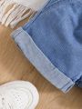 SHEIN SHEIN Baby Girl Elastic Waist Ruffle Spring Summer Boho Trimmed Soft Washed Denim Shorts, Comfortable And Fashionable Jeans Shorts