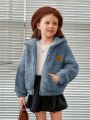 SHEIN Little Girl's Bear Patch Plush Hooded Loose Casual Jacket