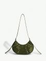 SHEIN SXY 1pc Rivet Decorated Punk Style Ladies Zipper Hobo Bag