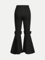SHEIN Kids FANZEY Tween Girls' Solid Color Skinny Bell-Bottom Pants With Bow Detail