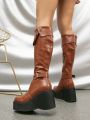Western Cowgirl Knee High Platform Chunky Heel Riding Boots For Women