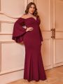 SHEIN Belle Women's Off Shoulder Deep V-neck Mermaid Dress With Flared Sleeves In Plus Size For Bridesmaid