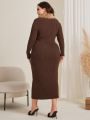 SHEIN Modely Plus Size Sweater Dress With Fur Collar And Button Placket