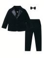 SHEIN Boys' Single Breasted Blazer With Lapel Lapel And Suit Pants And Bow Tie Holiday Party Set