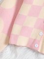 Tween Girl Checker Pattern Drop Shoulder Cardigan