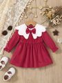 Infant Girls' Winter Warm Plush Collar Red Dress With Patchwork Design For Casual Daily Wear
