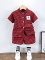 SHEIN Kids SUNSHNE Toddler Boys Gingham Button Up Shirt & Shorts