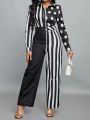 SHEIN Lady Ladies' Striped Polka Dot Shirt Jumpsuit