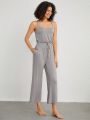 SHEIN Leisure Drawstring Waist Home Wear Jumpsuit With Slanted Pockets