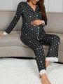 Pregnant Women's Lace Patchwork Crown Pattern Printed Pajama Set