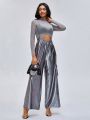 XELA AND VIC Mock Neck Mesh Top & Wide Leg Overall Jumpsuit