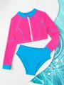 Older Girl's Zippered Long-sleeved Swimsuit Suit