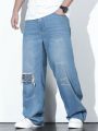 Extended Sizes Men's Plus Size Straight Leg Jeans With Geometric Patchwork Design