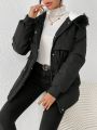 SHEIN Frenchy Women's Black Zipper & Button Closure Mid-length Padded Coat