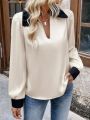 Women'S Contrast Color Lapel Collar Long Sleeve Shirt