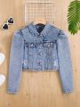 SHEIN Teen Girl's Casual Loose Fit Bubble Sleeve Denim Jacket
